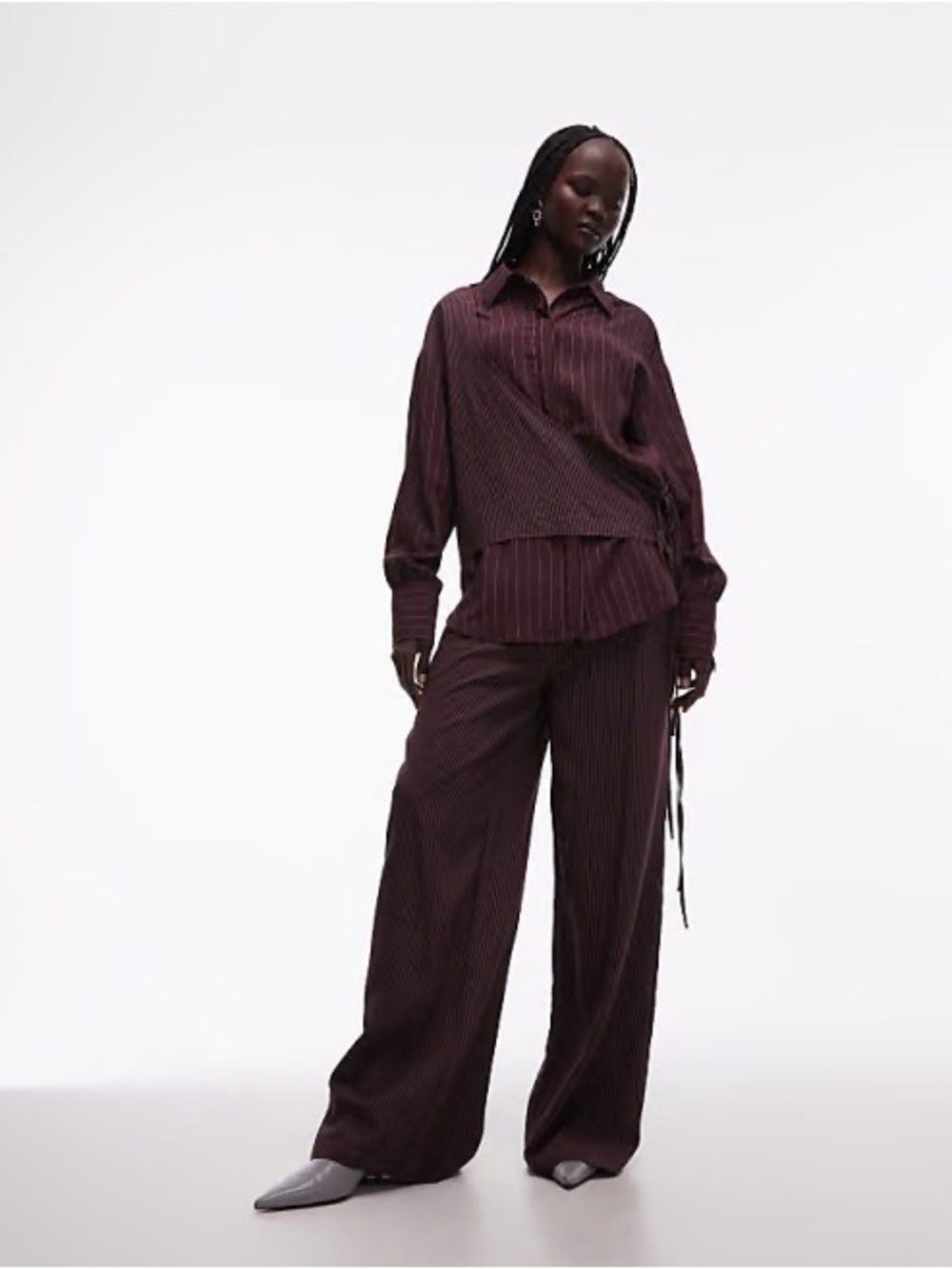 ASOS Women's Set Wrap Button Down Shirt and Wide-Leg Pinstripe Pants in Plum NWT